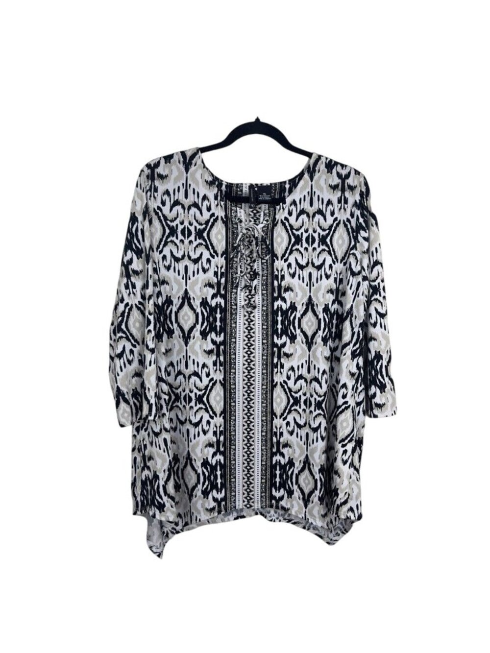 New Directions Women SZ XL LaceUp Tie V Neck Tunic Blouse Asimetric Edge Stretch